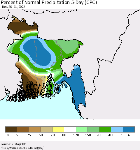 Bangladesh Percent of Normal Precipitation 5-Day (CPC) Thematic Map For 12/26/2022 - 12/31/2022