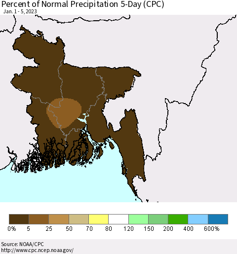 Bangladesh Percent of Normal Precipitation 5-Day (CPC) Thematic Map For 1/1/2023 - 1/5/2023