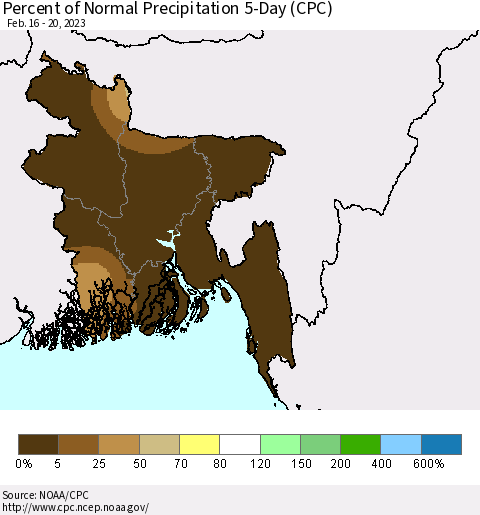 Bangladesh Percent of Normal Precipitation 5-Day (CPC) Thematic Map For 2/16/2023 - 2/20/2023