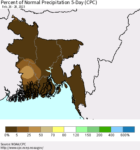 Bangladesh Percent of Normal Precipitation 5-Day (CPC) Thematic Map For 2/26/2023 - 2/28/2023