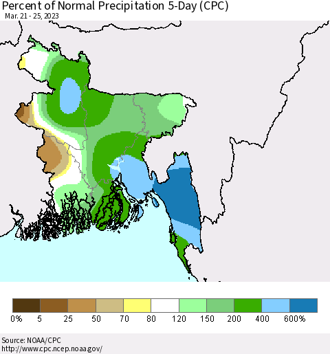 Bangladesh Percent of Normal Precipitation 5-Day (CPC) Thematic Map For 3/21/2023 - 3/25/2023