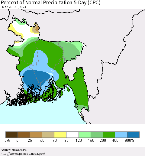 Bangladesh Percent of Normal Precipitation 5-Day (CPC) Thematic Map For 3/26/2023 - 3/31/2023