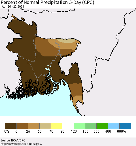Bangladesh Percent of Normal Precipitation 5-Day (CPC) Thematic Map For 4/16/2023 - 4/20/2023