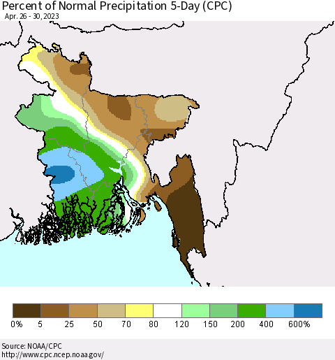 Bangladesh Percent of Normal Precipitation 5-Day (CPC) Thematic Map For 4/26/2023 - 4/30/2023
