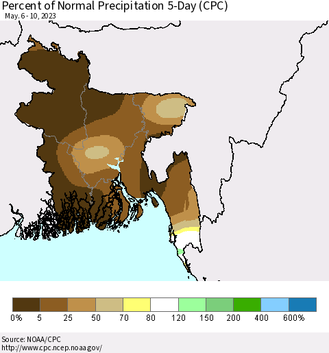 Bangladesh Percent of Normal Precipitation 5-Day (CPC) Thematic Map For 5/6/2023 - 5/10/2023