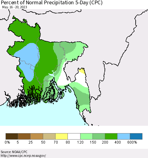 Bangladesh Percent of Normal Precipitation 5-Day (CPC) Thematic Map For 5/16/2023 - 5/20/2023