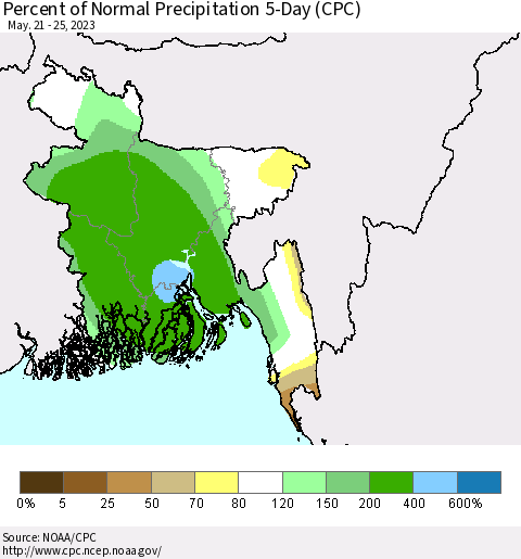 Bangladesh Percent of Normal Precipitation 5-Day (CPC) Thematic Map For 5/21/2023 - 5/25/2023