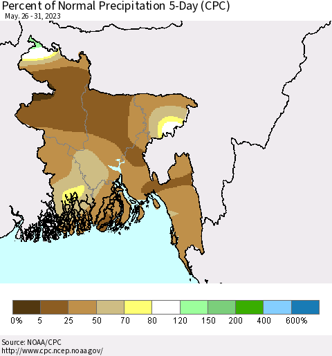 Bangladesh Percent of Normal Precipitation 5-Day (CPC) Thematic Map For 5/26/2023 - 5/31/2023