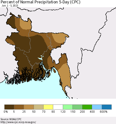 Bangladesh Percent of Normal Precipitation 5-Day (CPC) Thematic Map For 6/1/2023 - 6/5/2023