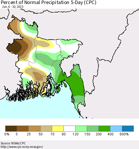 Bangladesh Percent of Normal Precipitation 5-Day (CPC) Thematic Map For 6/6/2023 - 6/10/2023