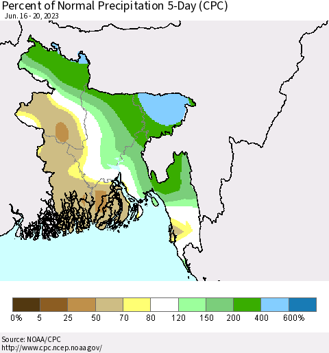 Bangladesh Percent of Normal Precipitation 5-Day (CPC) Thematic Map For 6/16/2023 - 6/20/2023