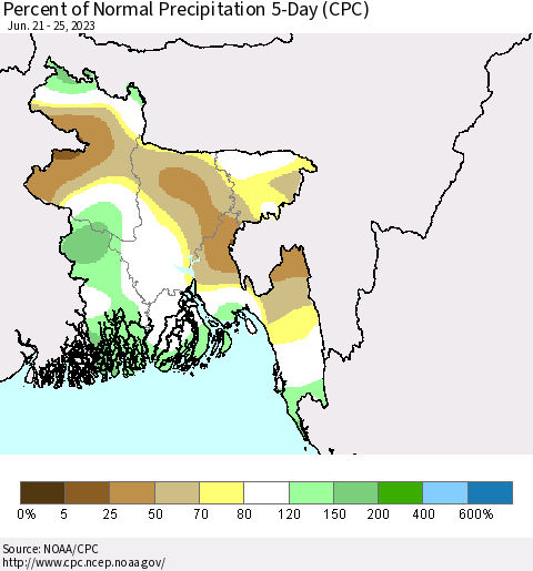 Bangladesh Percent of Normal Precipitation 5-Day (CPC) Thematic Map For 6/21/2023 - 6/25/2023