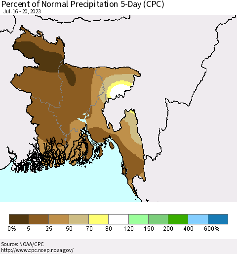 Bangladesh Percent of Normal Precipitation 5-Day (CPC) Thematic Map For 7/16/2023 - 7/20/2023