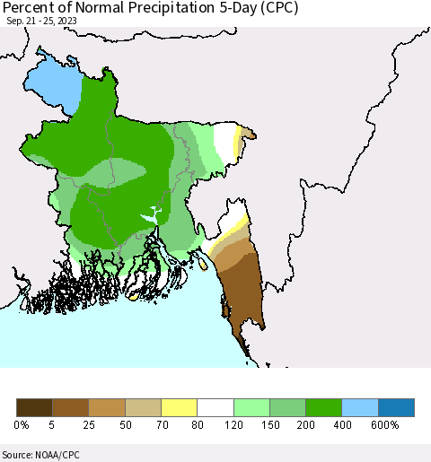 Bangladesh Percent of Normal Precipitation 5-Day (CPC) Thematic Map For 9/21/2023 - 9/25/2023