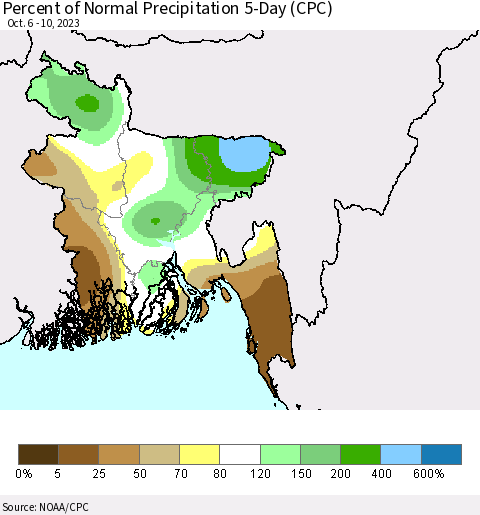Bangladesh Percent of Normal Precipitation 5-Day (CPC) Thematic Map For 10/6/2023 - 10/10/2023