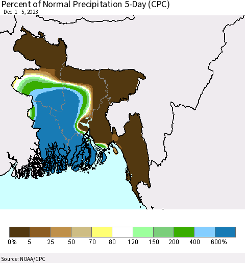 Bangladesh Percent of Normal Precipitation 5-Day (CPC) Thematic Map For 12/1/2023 - 12/5/2023