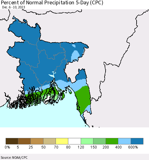 Bangladesh Percent of Normal Precipitation 5-Day (CPC) Thematic Map For 12/6/2023 - 12/10/2023