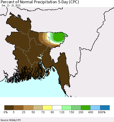 Bangladesh Percent of Normal Precipitation 5-Day (CPC) Thematic Map For 12/21/2023 - 12/25/2023