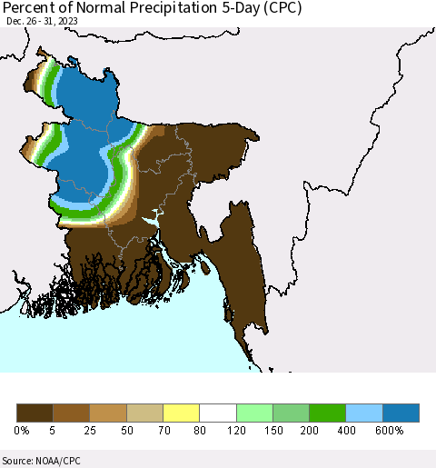 Bangladesh Percent of Normal Precipitation 5-Day (CPC) Thematic Map For 12/26/2023 - 12/31/2023