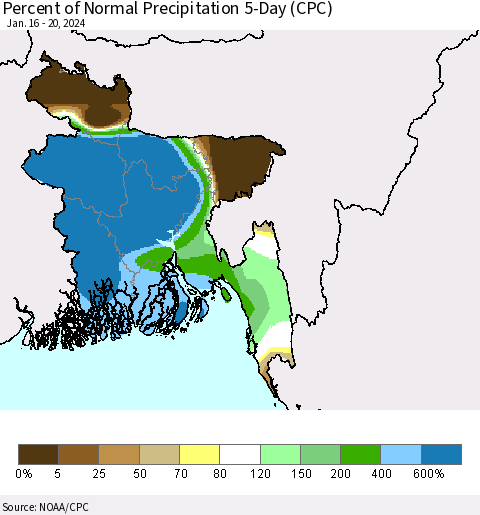 Bangladesh Percent of Normal Precipitation 5-Day (CPC) Thematic Map For 1/16/2024 - 1/20/2024