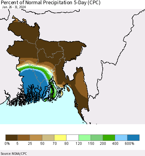 Bangladesh Percent of Normal Precipitation 5-Day (CPC) Thematic Map For 1/26/2024 - 1/31/2024