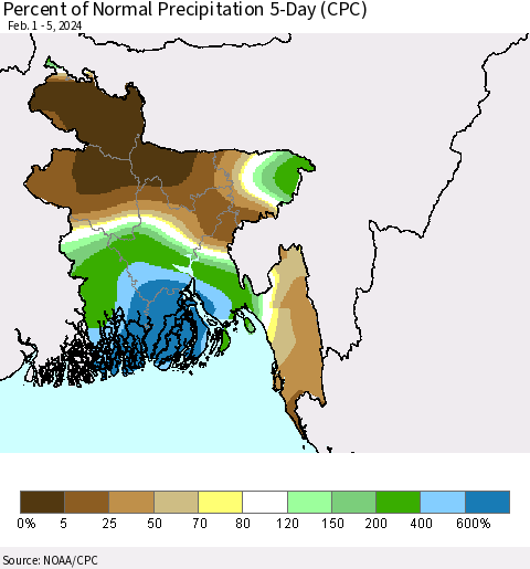 Bangladesh Percent of Normal Precipitation 5-Day (CPC) Thematic Map For 2/1/2024 - 2/5/2024