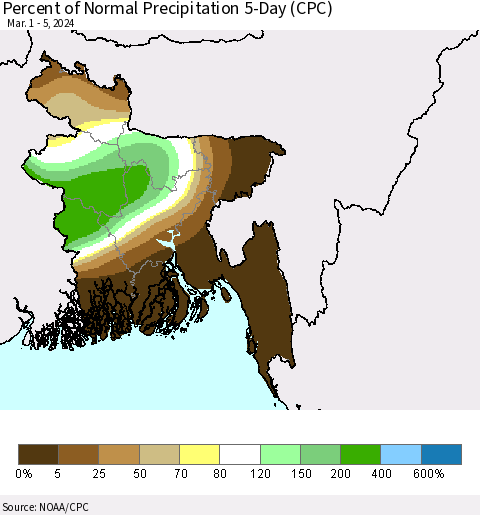 Bangladesh Percent of Normal Precipitation 5-Day (CPC) Thematic Map For 3/1/2024 - 3/5/2024