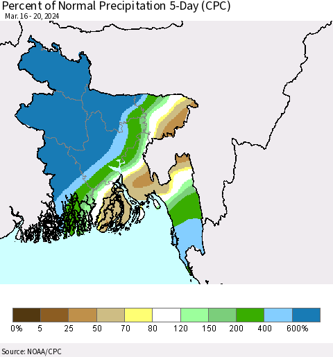 Bangladesh Percent of Normal Precipitation 5-Day (CPC) Thematic Map For 3/16/2024 - 3/20/2024