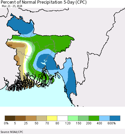 Bangladesh Percent of Normal Precipitation 5-Day (CPC) Thematic Map For 3/21/2024 - 3/25/2024