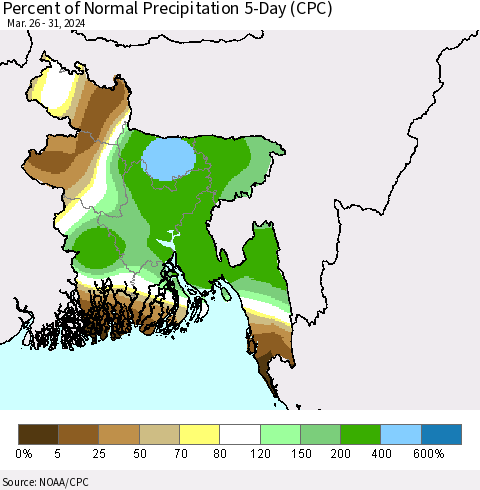 Bangladesh Percent of Normal Precipitation 5-Day (CPC) Thematic Map For 3/26/2024 - 3/31/2024