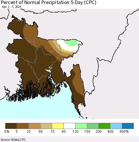 Bangladesh Percent of Normal Precipitation 5-Day (CPC) Thematic Map For 4/1/2024 - 4/5/2024