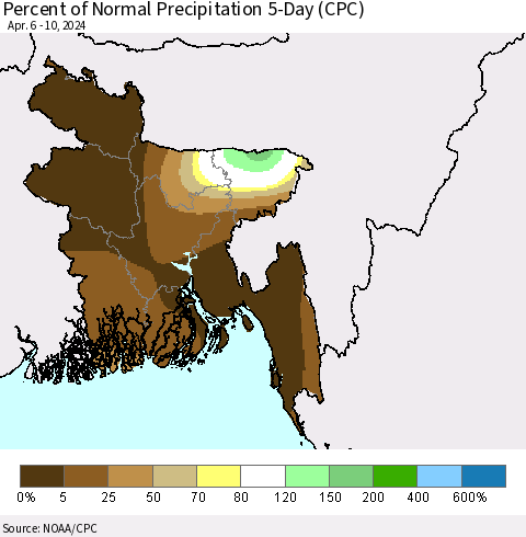 Bangladesh Percent of Normal Precipitation 5-Day (CPC) Thematic Map For 4/6/2024 - 4/10/2024