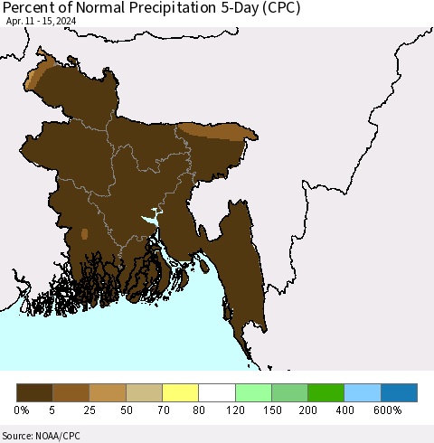 Bangladesh Percent of Normal Precipitation 5-Day (CPC) Thematic Map For 4/11/2024 - 4/15/2024