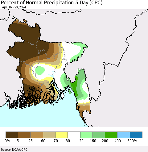 Bangladesh Percent of Normal Precipitation 5-Day (CPC) Thematic Map For 4/16/2024 - 4/20/2024