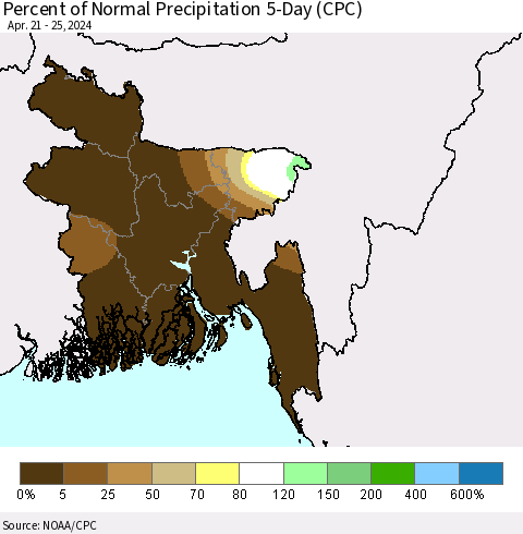Bangladesh Percent of Normal Precipitation 5-Day (CPC) Thematic Map For 4/21/2024 - 4/25/2024