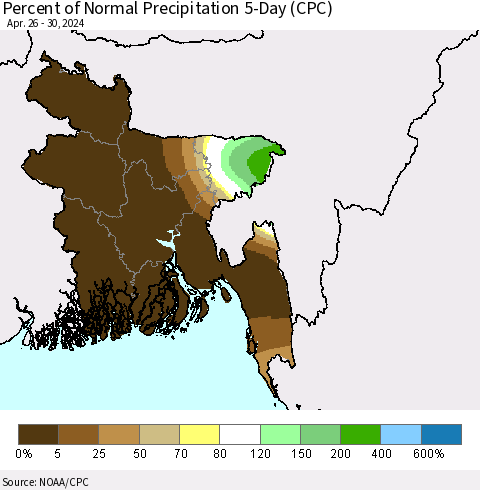 Bangladesh Percent of Normal Precipitation 5-Day (CPC) Thematic Map For 4/26/2024 - 4/30/2024