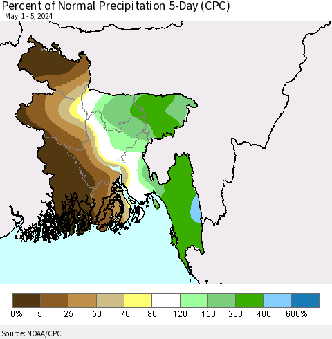 Bangladesh Percent of Normal Precipitation 5-Day (CPC) Thematic Map For 5/1/2024 - 5/5/2024