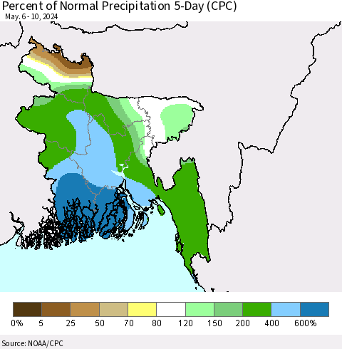 Bangladesh Percent of Normal Precipitation 5-Day (CPC) Thematic Map For 5/6/2024 - 5/10/2024