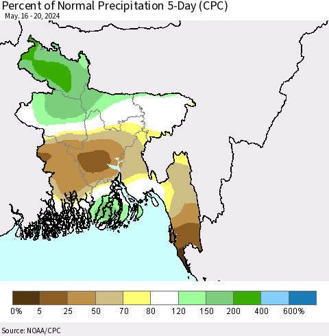 Bangladesh Percent of Normal Precipitation 5-Day (CPC) Thematic Map For 5/16/2024 - 5/20/2024