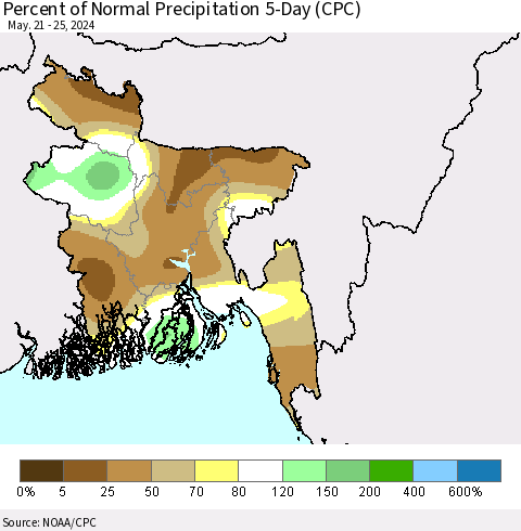 Bangladesh Percent of Normal Precipitation 5-Day (CPC) Thematic Map For 5/21/2024 - 5/25/2024
