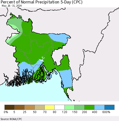 Bangladesh Percent of Normal Precipitation 5-Day (CPC) Thematic Map For 5/26/2024 - 5/31/2024
