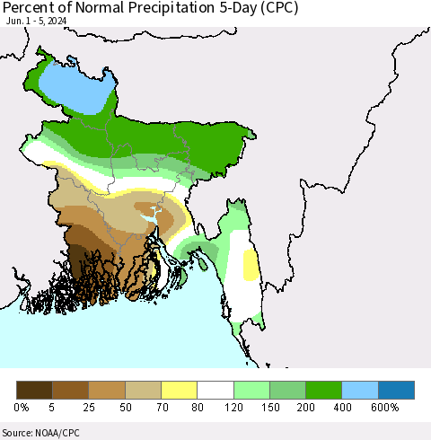 Bangladesh Percent of Normal Precipitation 5-Day (CPC) Thematic Map For 6/1/2024 - 6/5/2024