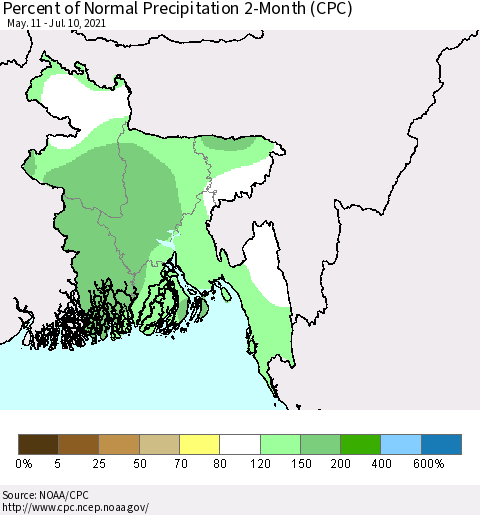 Bangladesh Percent of Normal Precipitation 2-Month (CPC) Thematic Map For 5/11/2021 - 7/10/2021