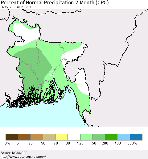 Bangladesh Percent of Normal Precipitation 2-Month (CPC) Thematic Map For 5/21/2021 - 7/20/2021