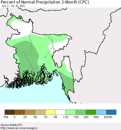 Bangladesh Percent of Normal Precipitation 2-Month (CPC) Thematic Map For 6/1/2021 - 7/31/2021