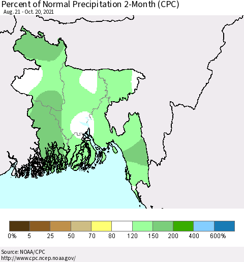 Bangladesh Percent of Normal Precipitation 2-Month (CPC) Thematic Map For 8/21/2021 - 10/20/2021