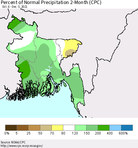 Bangladesh Percent of Normal Precipitation 2-Month (CPC) Thematic Map For 10/6/2021 - 12/5/2021