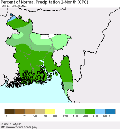 Bangladesh Percent of Normal Precipitation 2-Month (CPC) Thematic Map For 10/11/2021 - 12/10/2021