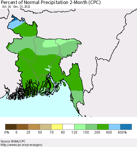Bangladesh Percent of Normal Precipitation 2-Month (CPC) Thematic Map For 10/16/2021 - 12/15/2021