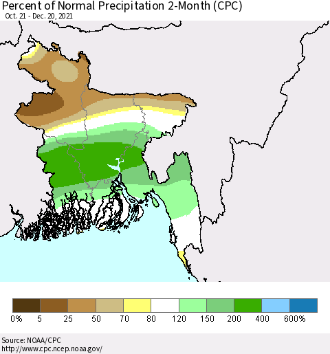 Bangladesh Percent of Normal Precipitation 2-Month (CPC) Thematic Map For 10/21/2021 - 12/20/2021
